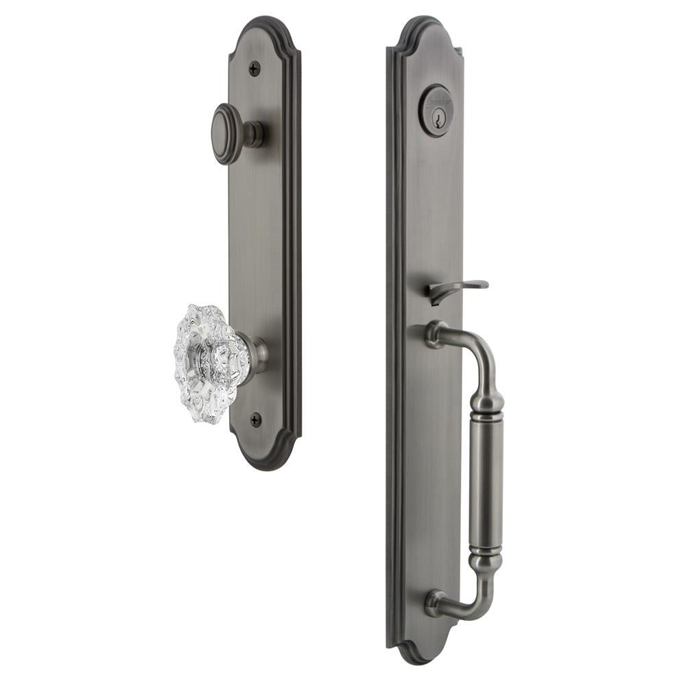 Grandeur by Nostalgic Warehouse ARCCGRBIA Arc One-Piece Handleset with C Grip and Biarritz Knob in Antique Pewter